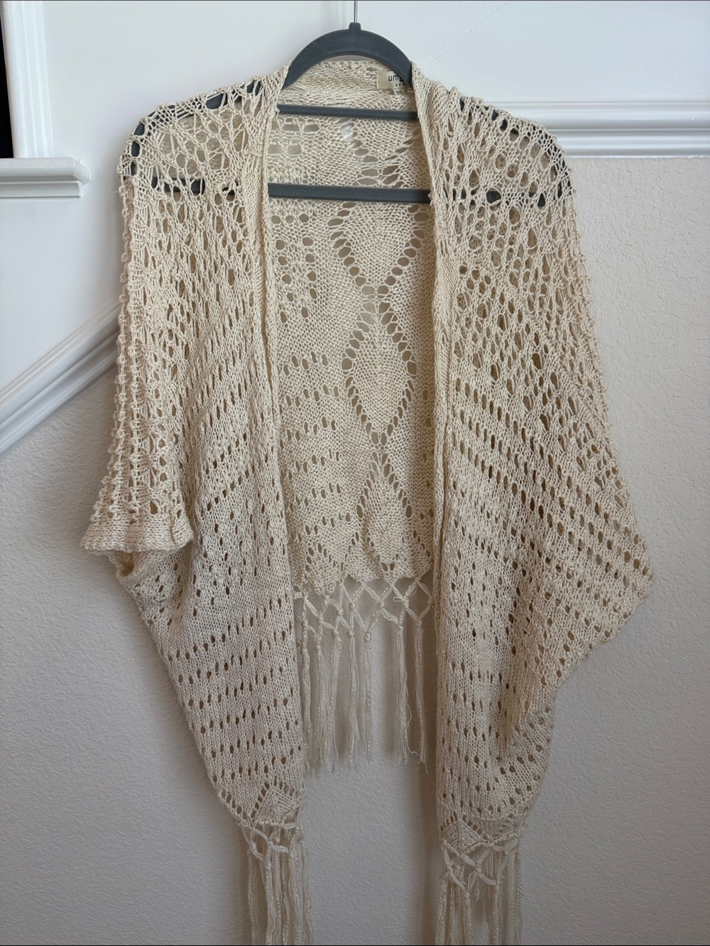 Umgee Cream Open-Knit Fringe Poncho Shrug
